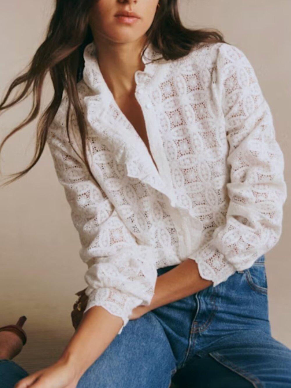 NWT Sezane Chlo Shirt Ecru Guipure white lace button up long sleeve top blouse